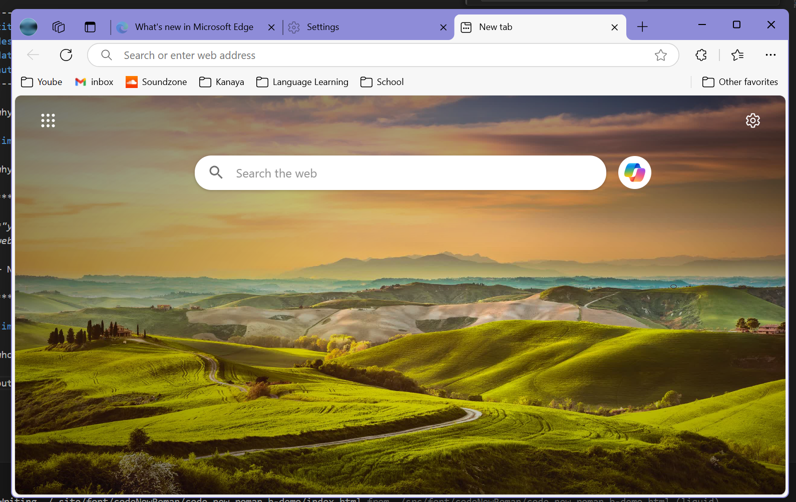 Microsoft Edge's New Tab page with articles turned off. No logo is displayed, only a search bar and a Microsoft Copilot button.