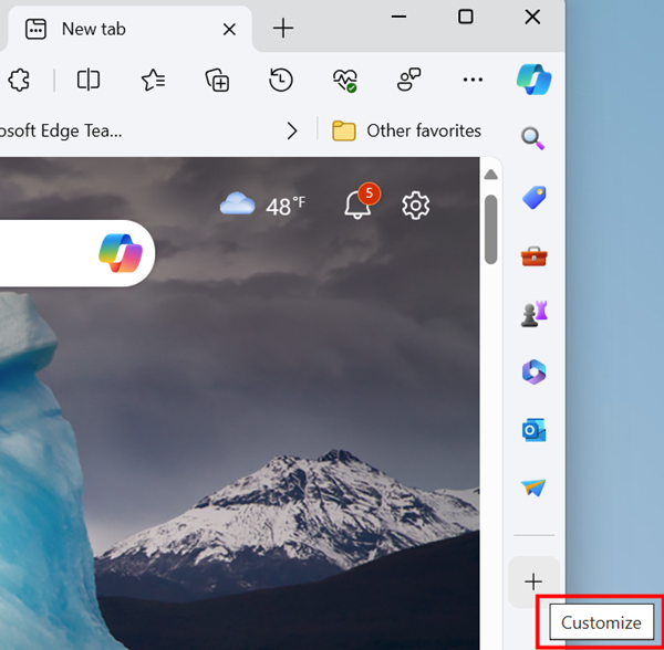 Image of Microsoft Edge's sidebar which houses several icons. From top to bottom, they are: Copilot, search, a price tag, a tool box, chess pieces, the Microsoft 365 logo, the Microsoft Outlook logo, and a paper airplane.
