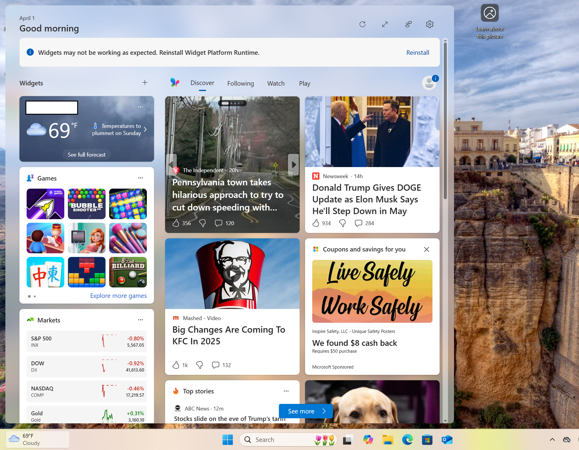 The Windows 11 widgets panel which displays news headlines alongside weather information