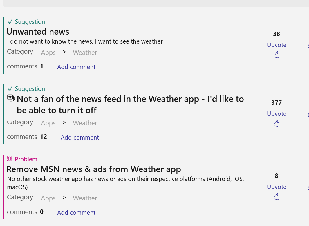 Image of users on the Microsoft User Feedback application complaining about the news feed in the Weather application.