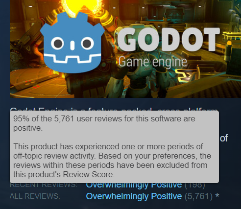 A disclaimer located on the Steam page for Godot. Next to the review score is an indicator that "this product has experienced one or more periods of off-topic review activity."