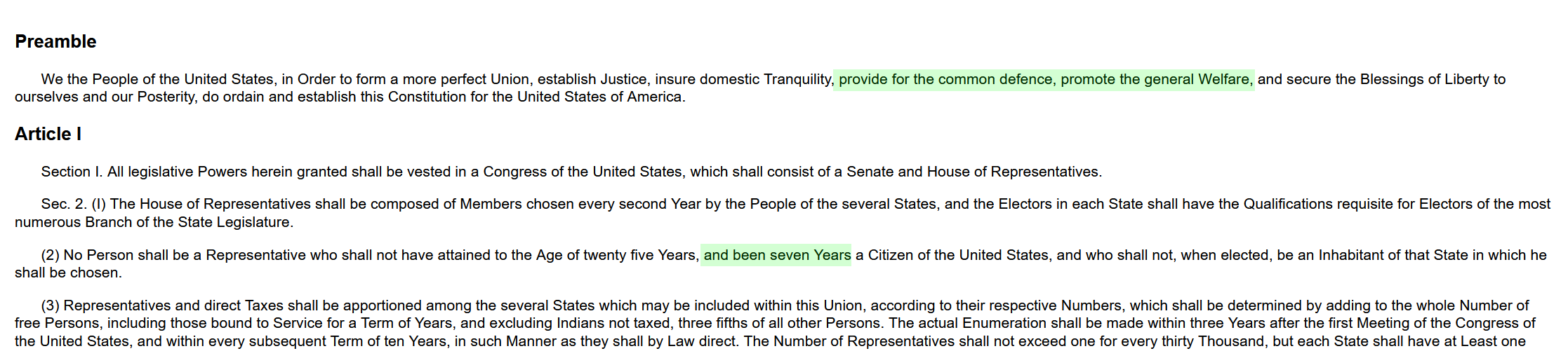 The opening of the United States Constitution. Two pieces of text which are absent from the Confederate Constitution are highlighted in green.