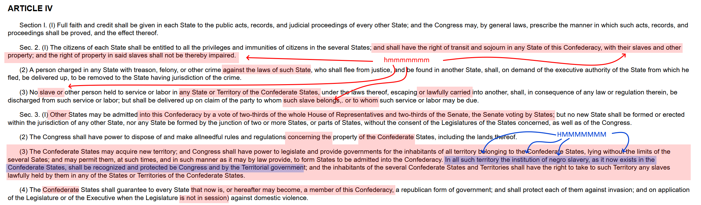 Article IV of the Confederate States Constitution. It is a modified version of the original. Numerous modifications are pointed out in which the word "slave" has been inserted where it had not been before. These sections now therefore include "property" rights, transparently in regards to slaves. A new section has also been added (Section 3 (3)) which includes a clause that explicitly codifies the institution of slavery into the constitution. This section is highlighted in blue, with the caption "HMMMMMMMMMM."