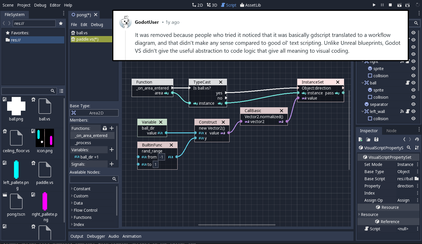 Screenshot of Godot Version 3.5's Visual Scripting editor. A Reddit user's explanation for its removal is included: "It was removed because people who tried it noticed that it was basically gdscript translated to a workflow diagram, and that didn't make any sense."