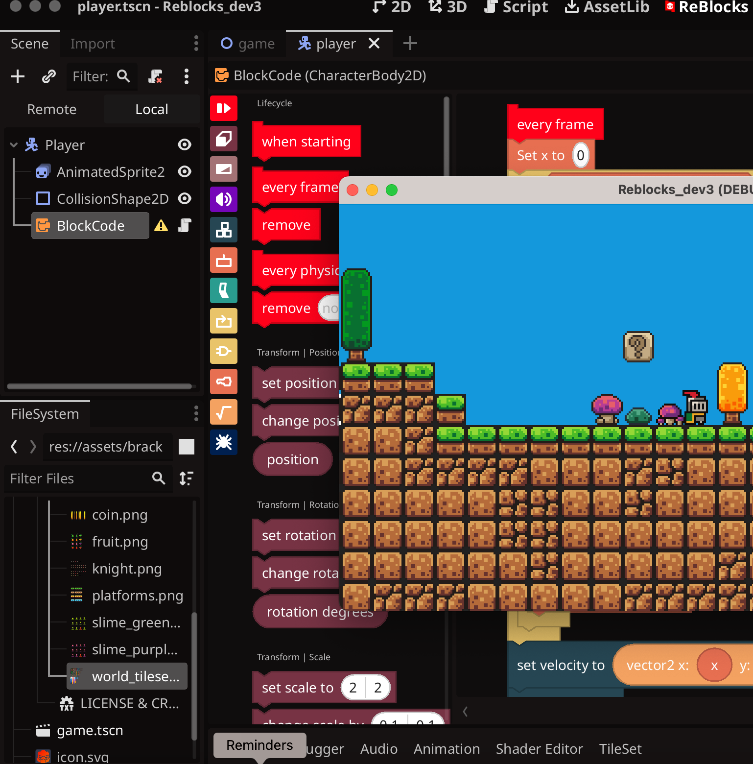 Screenshot of Redot's "ReBlocks" Visual Scripting editor. A number of functional "blocks" are laid out for the user to use and arrange to create program logic.