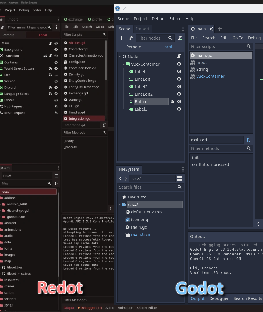 A comparison of the Redot and Godot editors. Redot's editor is red, and Godot's editor is blue.