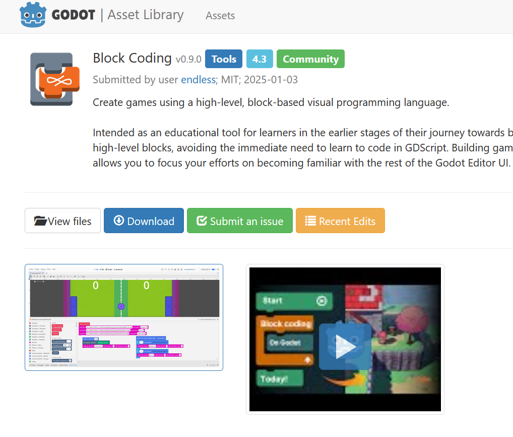 Screenshot of the Godot Asset Library page for "Block Coding," a free, community-made add-on for the Godot engine which looks suspiciously similar to Redot's "ReBlocks" feature.