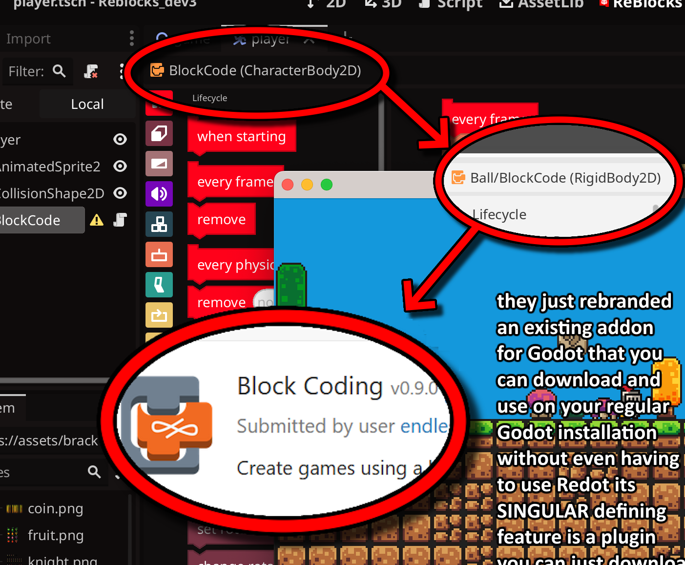 A diagram overlaid on top of the image of ReBlocks from earlier, pointing out that "ReBlocks" and "Block Coding" share a logo and object name. Text is overlaid to clarify the image's meaning: "they just rebranded an existing addon for Godot that you can download and use on your regular Godot installation without even having to use Redot its SINGULAR defining feature is a plugin you can just downlo-"