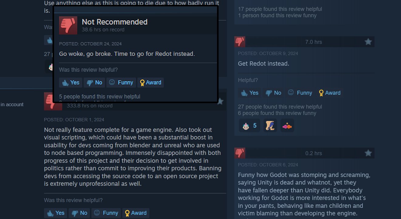Even more negative steam reviews. Several recommend something called "Redot." One review mentions the removal of Godot's Visual Scripting feature.