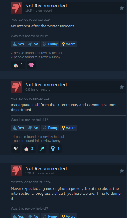 More negative Steam reviews. They mention a "twitter incident," "inadequate communications staff," and "intersectional progressivism."