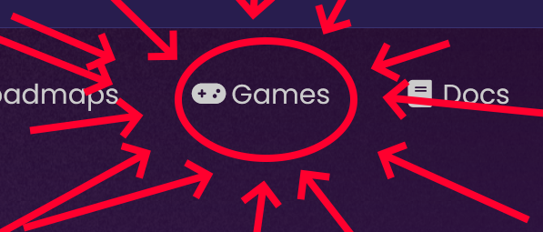On the Blazium home page, a "Games" tab is highlighted with a red circle and many arrows pointing at it.