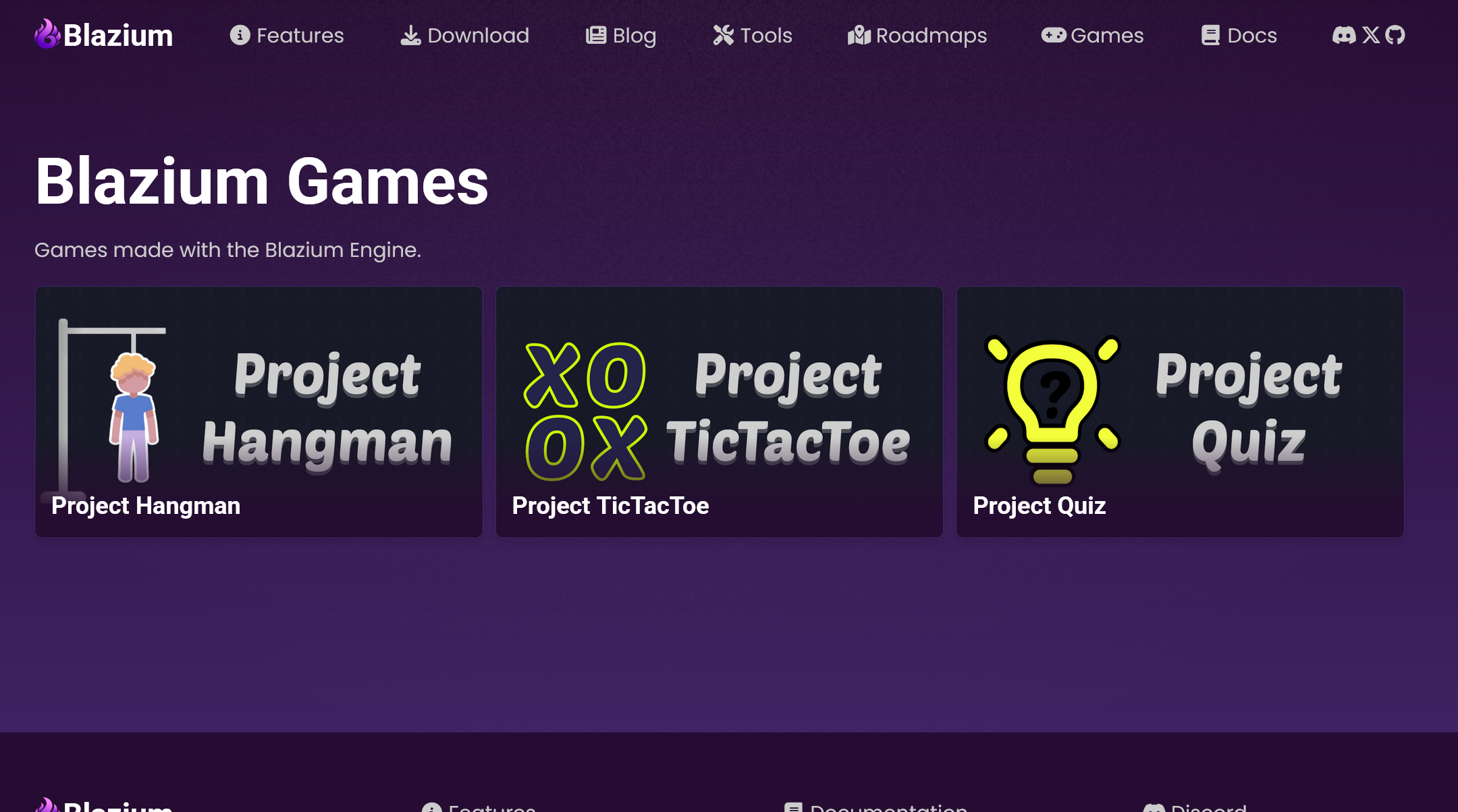 The Blazium games page. It showcases three games: "Project Hangman," "Project TicTacToe," and "Project Quiz."