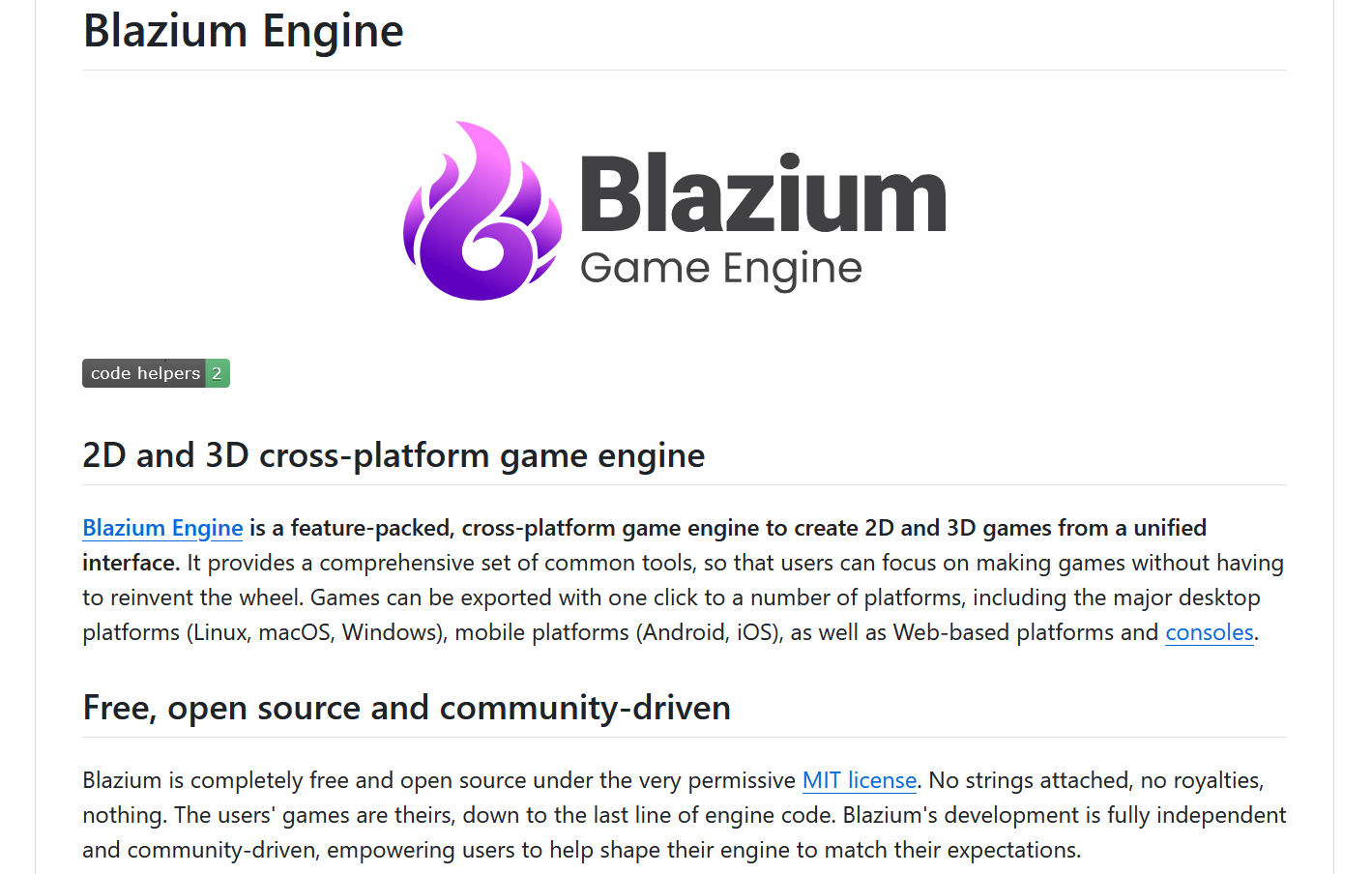 A description of the Blazium engine as seen on the project's GitHub page. It is identical to Godot's description, aside from all mentions of "Godot" being changed to "Blazium."