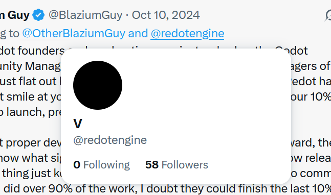 A thumbnail for the "Redot" Twitter account as it currently appears: The profile picture is entirely black, the name has been changed to "V," and the account sports 58 followers.