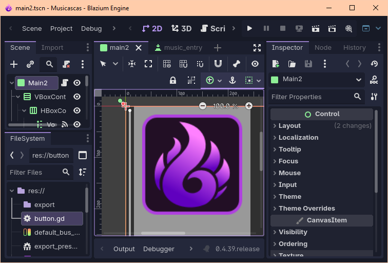 Screenshot of the Blazium software. Its interface is identical to Godot, but the logo has changed, and the primary color is now purple.
