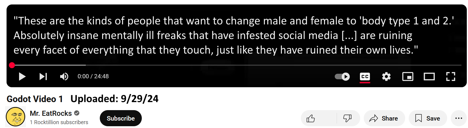 "These are the kinds of people that want to change male and female to 'body type 1 and 2' Absolutely insane, mentally ill freaks that have infested social media [...] are ruining every facet of everything that they touch, just like they have ruined their own lives."