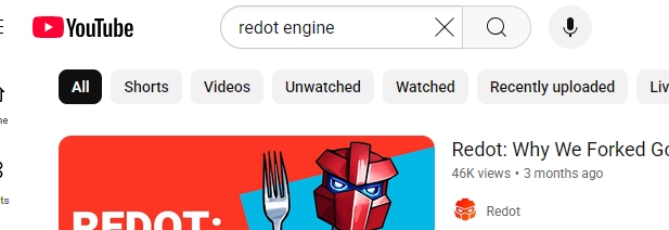 Screenshot of the YouTube search page. "redot engine" has been inputted into the search bar.