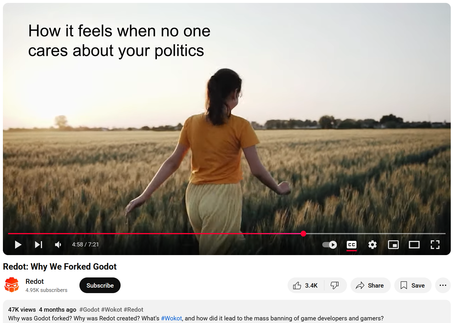 YouTube video from the official Redot channel entitled "Redot: Why We Forked Godot." The image highlights a screenshot of a video which shows stock footage of a woman ruining through a field with the text "How it feels when no one cares about your politics."