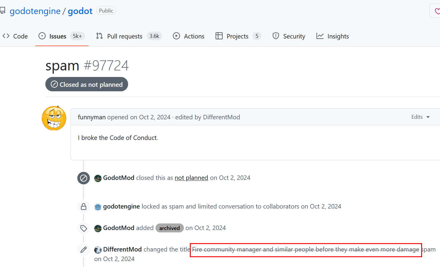 Screenshot of an issue on the Godot GitHub page. The issue is simply called "spam," but a section of the image is highlighted which shows that the original title of the issue was, at one point, "Fire community manager and similar people before they make even more damage"
