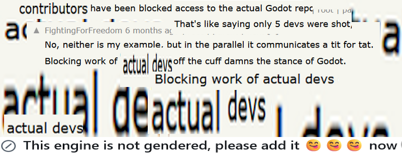 A collage of posts from the user "FightingForFreedom" from earlier.The phrase "actual devs being blocked" is particularly copied, pasted, and stretched in order to place comedic emphasis on them."