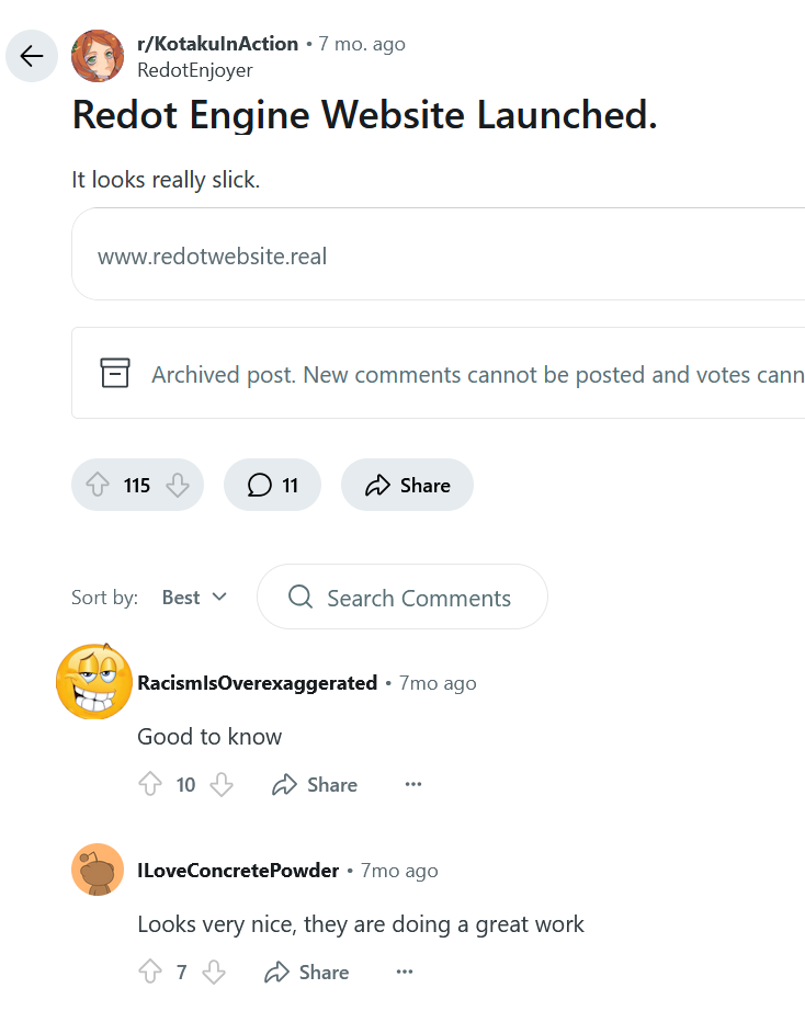 Reddit user "RedotEnjoyer" posts a link to the Redot homepage on the /r/KotakuInAction subreddit, with the note that "it looks really slick." User "RacismIsOverexaggerated" says "Good to know," and user "ILoveConcretePowder" says "Looks very nice, they are doing a great work (sic)."