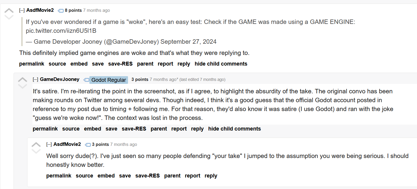User "GameDevJooney" replies to user "AsdfMovie2" to clarify that their post was satire. AsdfMovie2 apologizes to Jooney, saying "I've just seen so many people defending 'your take' I jumped to the assumption you were being serious. I should honestly know better."