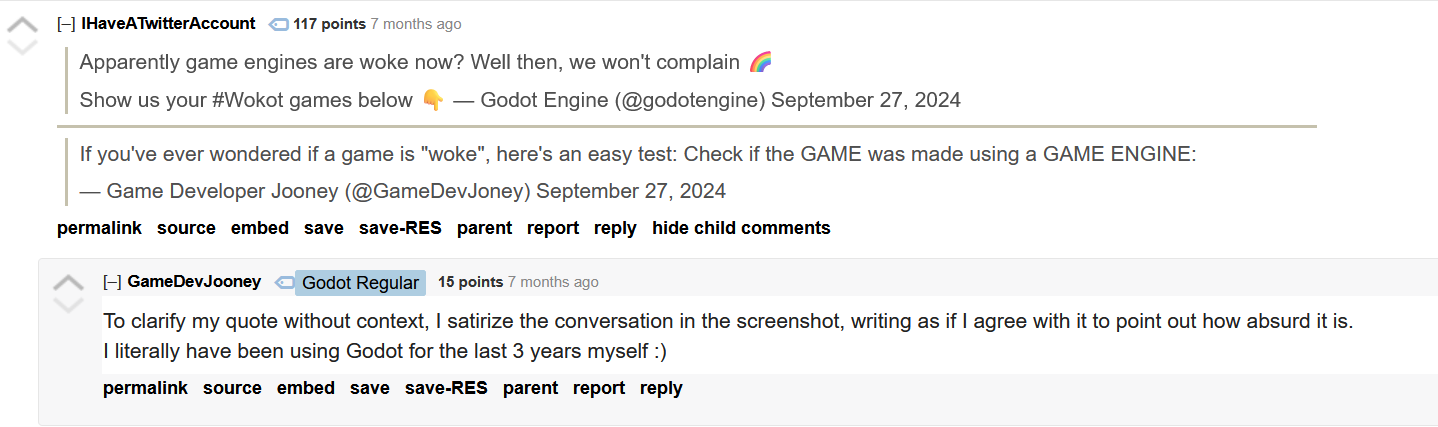User "GameDevJooney" replies to a repost of their "If you've ever wondered if a game is WOKE" tweet clarifying that it was meant to be taken as satire.